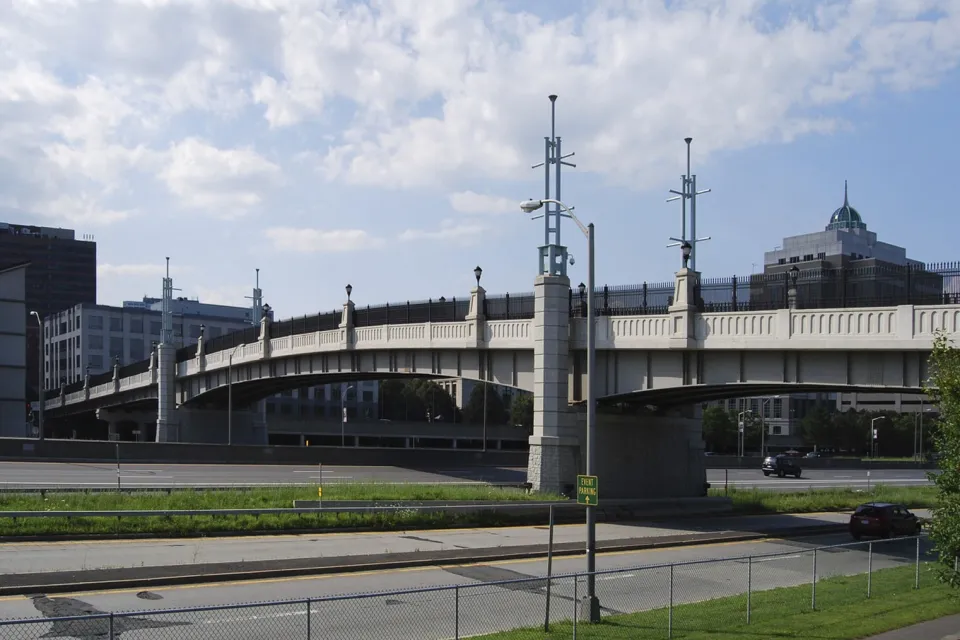 The Hudson River Way, a pedestrian bridge that links Broadway in downtown Albany, New York with the Corning Preserve on the bank of the Hudson River.